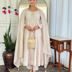 Women Beige Embroidered Anarkali Kurta Set with Dupatta