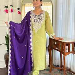 Women Lime Green Embroidered Kurta Set with Purple Dupatta