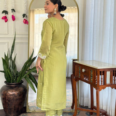 Women Lime Green Embroidered Kurta Set with Purple Dupatta
