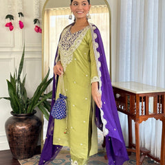 Women Lime Green Embroidered Kurta Set with Purple Dupatta
