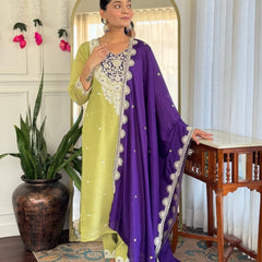 Women Lime Green Embroidered Kurta Set with Purple Dupatta