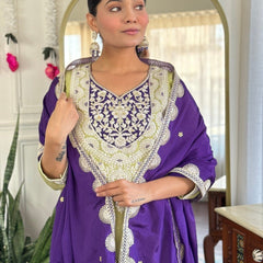 Women Lime Green Embroidered Kurta Set with Purple Dupatta