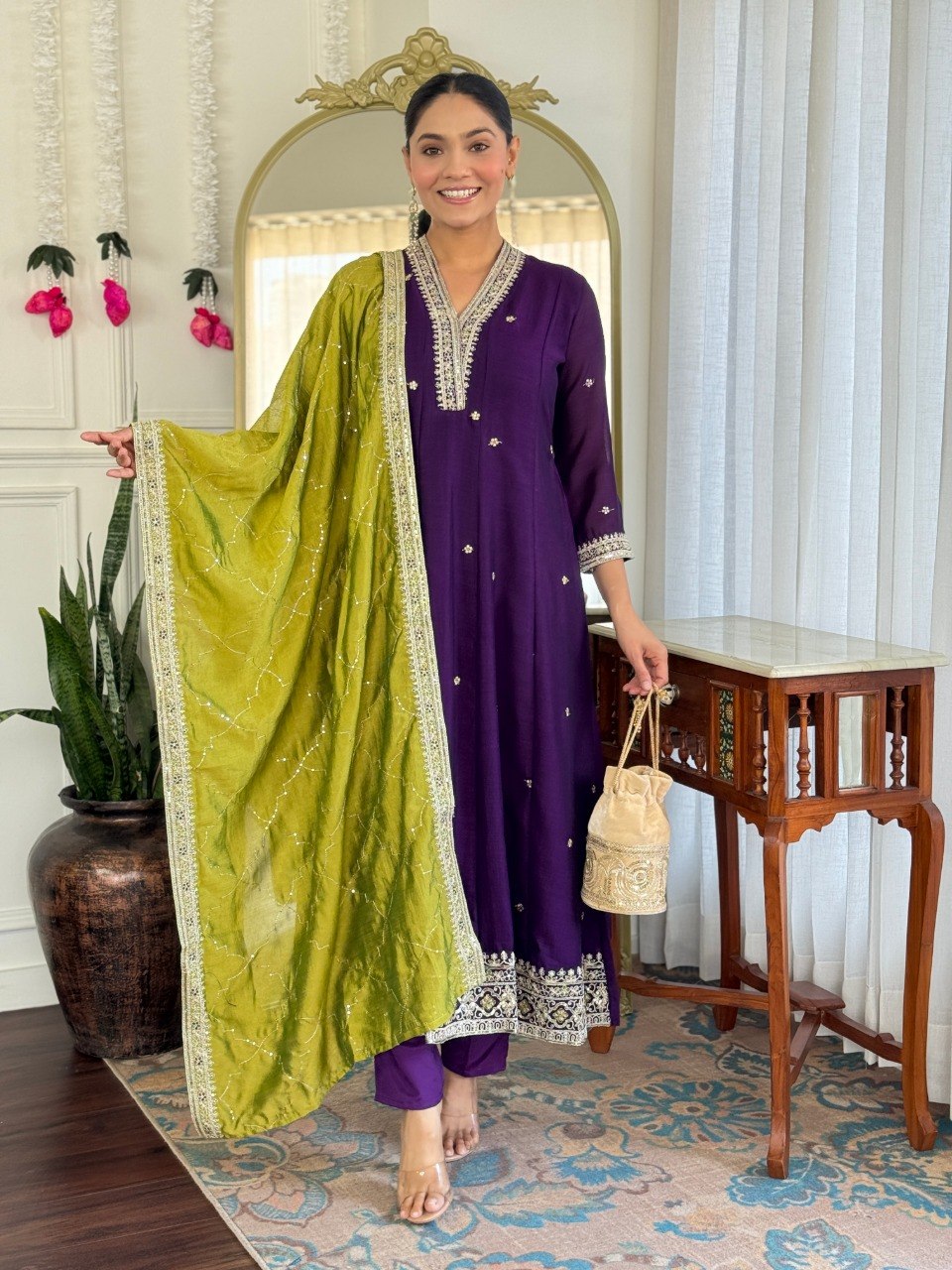 Women Purple Embroidered Kurta Set with Green Dupatta