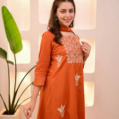 Women Orange Embroidered Kurta Set with Dupatta