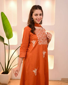 Women Orange Embroidered Kurta Set with Dupatta