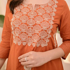 Women Orange Embroidered Kurta Set with Dupatta