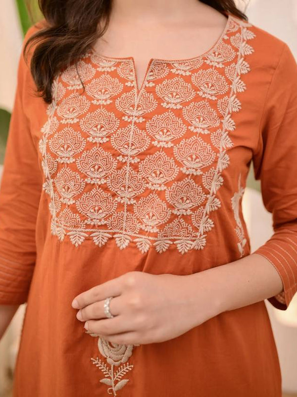 Women Orange Embroidered Kurta Set with Dupatta