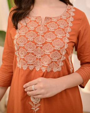 Women Orange Embroidered Kurta Set with Dupatta