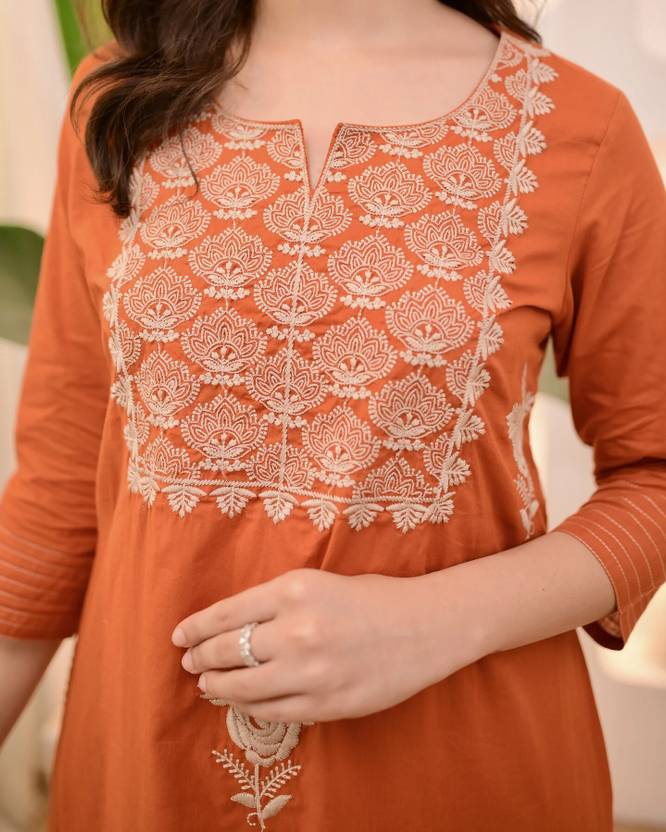 Women Orange Embroidered Kurta Set with Dupatta