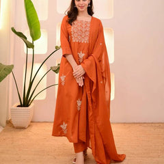 Women Orange Embroidered Kurta Set with Dupatta