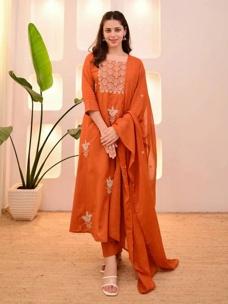 Women Orange Embroidered Kurta Set with Dupatta