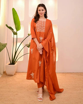 Women Orange Embroidered Kurta Set with Dupatta