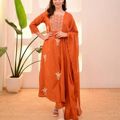 Women Orange Embroidered Kurta Set with Dupatta