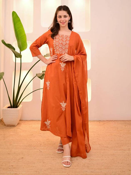Women Orange Embroidered Kurta Set with Dupatta