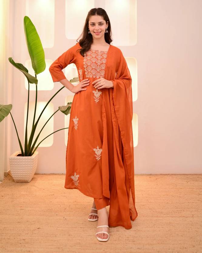 Women Orange Embroidered Kurta Set with Dupatta