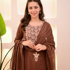Women Brown Embroidered Kurta Set with Dupatta
