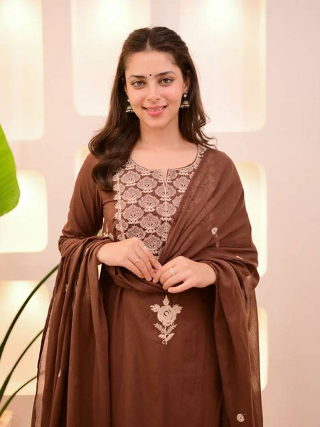 Women Brown Embroidered Kurta Set with Dupatta