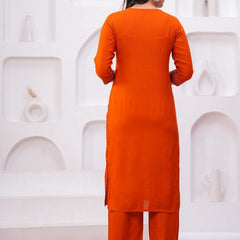 Women Orange Embroidered Kurta Set with Dupatta