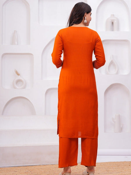Women Orange Embroidered Kurta Set with Dupatta