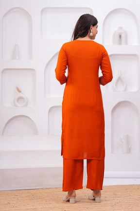 Women Orange Embroidered Kurta Set with Dupatta