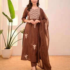 Women Brown Embroidered Kurta Set with Dupatta