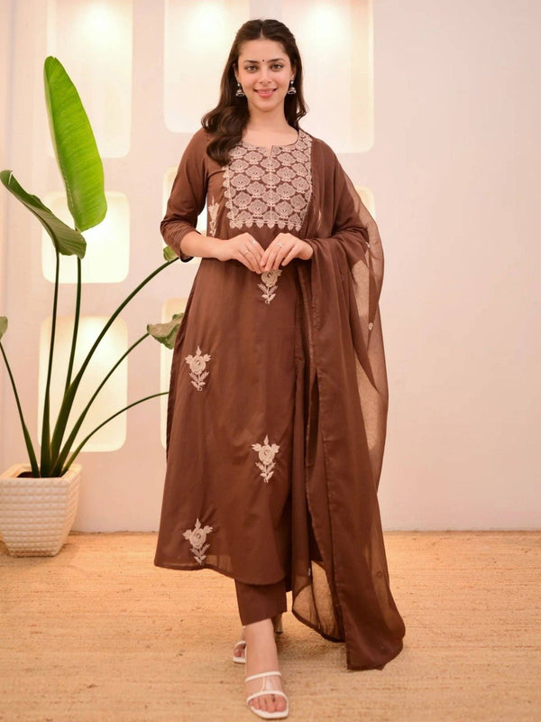 Women Brown Embroidered Kurta Set with Dupatta
