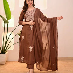Women Brown Embroidered Kurta Set with Dupatta