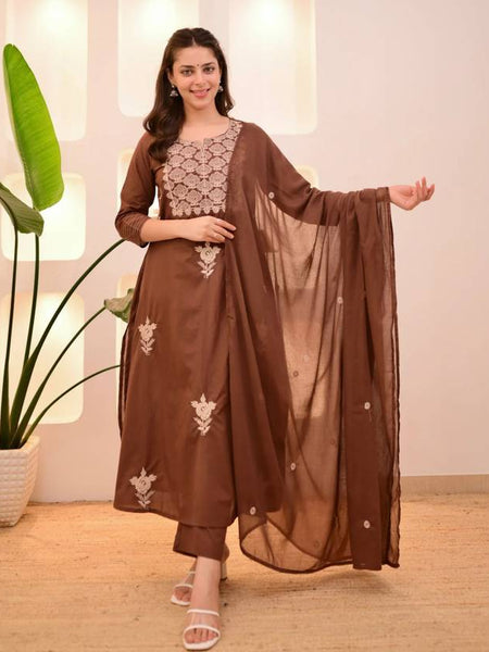 Women Brown Embroidered Kurta Set with Dupatta
