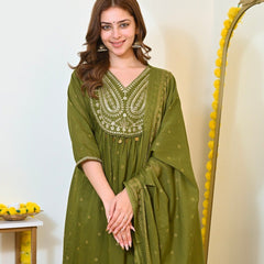 Women Olive Green Embroidered Kurta Set with Dupatta