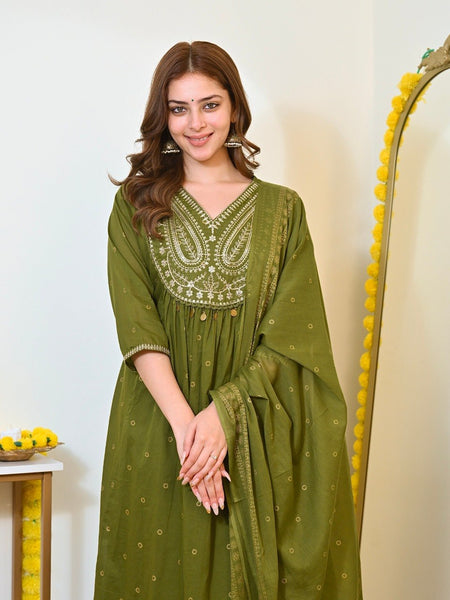 Women Olive Green Embroidered Kurta Set with Dupatta