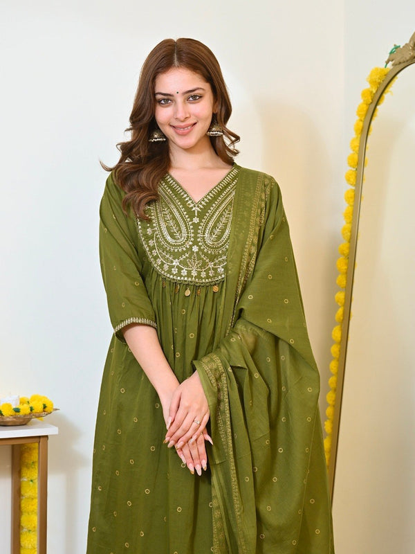 Women Olive Green Embroidered Kurta Set with Dupatta