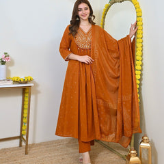 Women Rust Orange Embroidered Kurta Set with Dupatta
