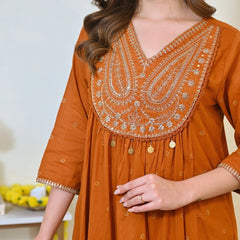 Women Rust Orange Embroidered Kurta Set with Dupatta