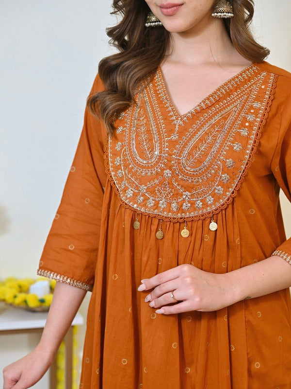 Women Rust Orange Embroidered Kurta Set with Dupatta