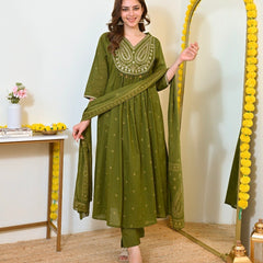 Women Olive Green Embroidered Kurta Set with Dupatta