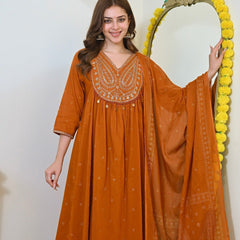 Women Rust Orange Embroidered Kurta Set with Dupatta