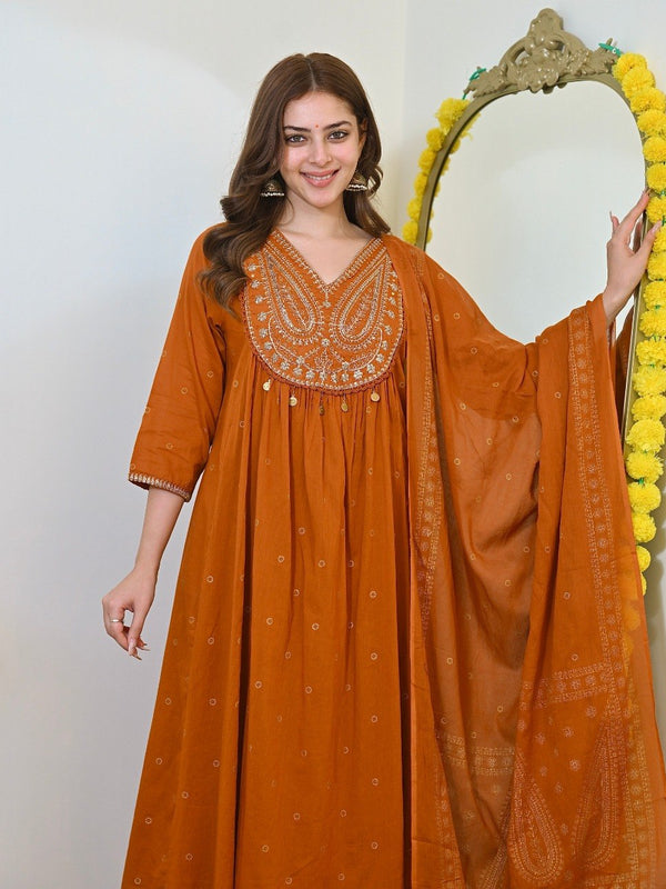 Women Rust Orange Embroidered Kurta Set with Dupatta