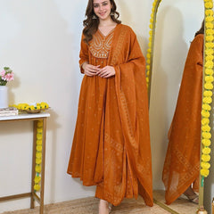 Women Rust Orange Embroidered Kurta Set with Dupatta