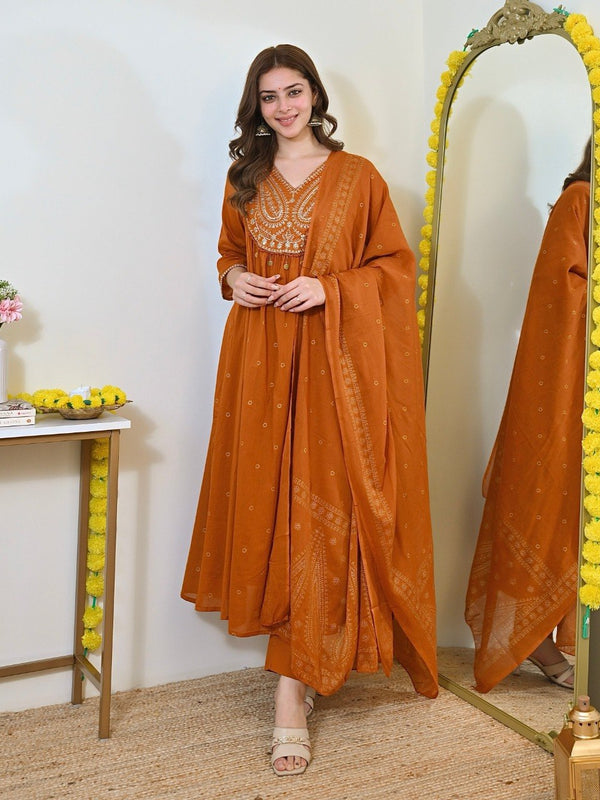 Women Rust Orange Embroidered Kurta Set with Dupatta