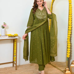 Women Olive Green Embroidered Kurta Set with Dupatta