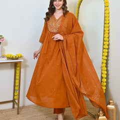Women Rust Orange Embroidered Kurta Set with Dupatta