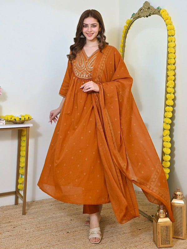 Women Rust Orange Embroidered Kurta Set with Dupatta