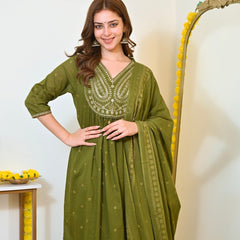 Women Olive Green Embroidered Kurta Set with Dupatta