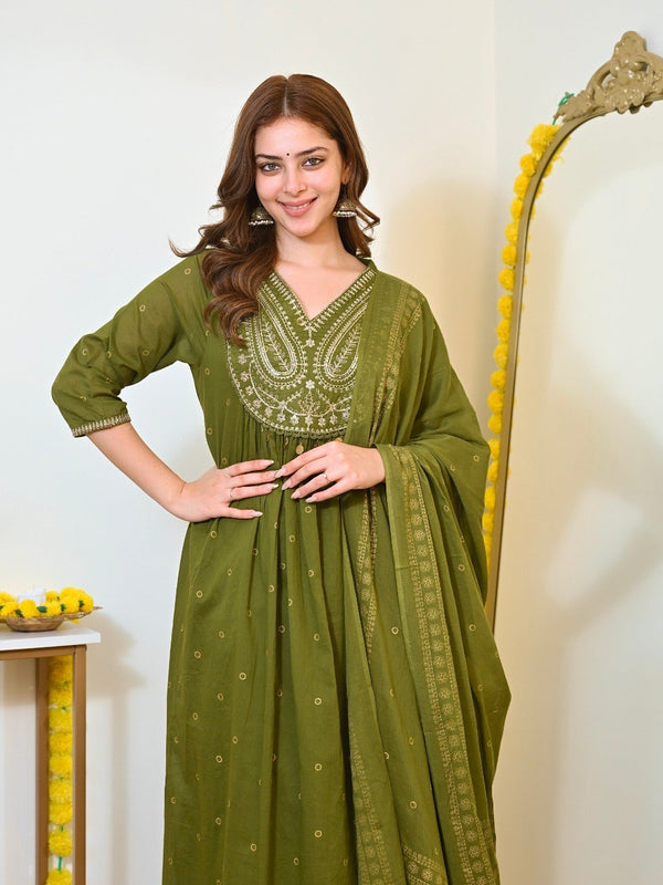 Women Olive Green Embroidered Kurta Set with Dupatta