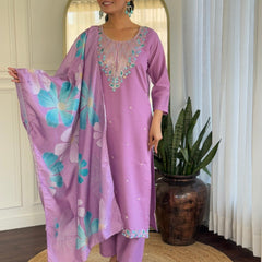 Women Lavender Pink Embroidered Kurta Set with Printed Dupatta