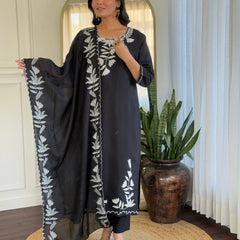 Women Black White Embroidered Kurta Set with Dupatta