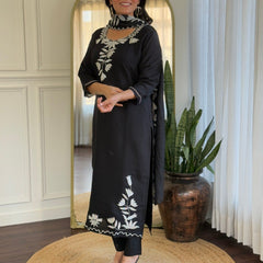 Women Black White Embroidered Kurta Set with Dupatta