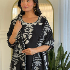 Women Black White Embroidered Kurta Set with Dupatta
