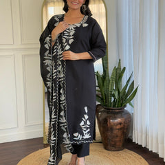 Women Black White Embroidered Kurta Set with Dupatta