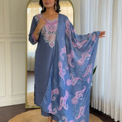 Women Steel Blue Embroidered Kurta Set with Printed Dupatta